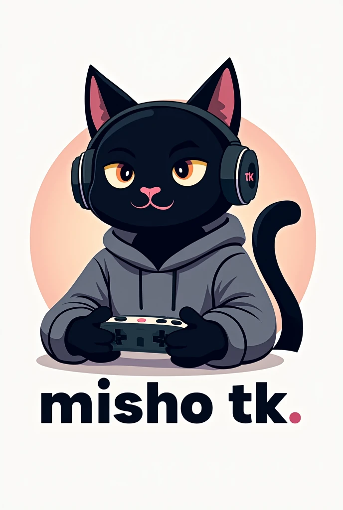 Can you create me a logo of a black cat in a sweatshirt? "GEIMER" that he has headphones AND IS PLAYING and below that he has the words "MISHO TK"