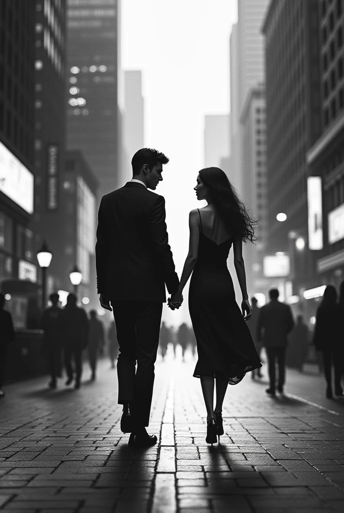 Lovers、Walking hand in hand、monochrome , city scene behind