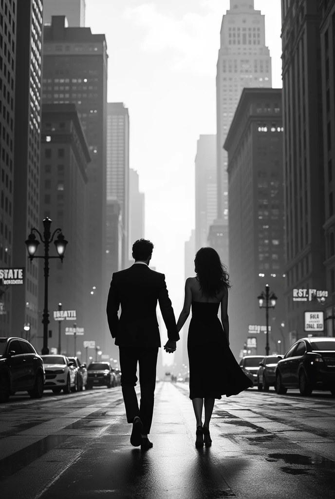 Lovers、Walking hand in hand、monochrome , city scene behind 