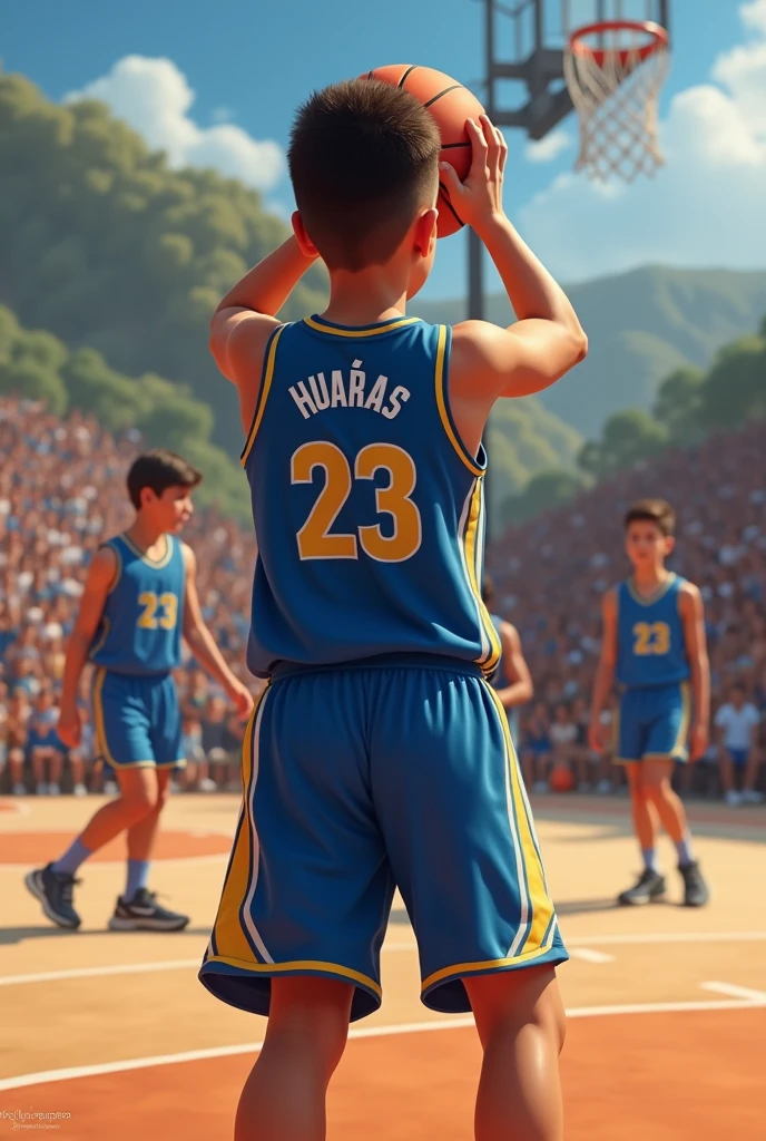 You can make a picture about me, that it be a boy with a round low fade cut, that he is playing on a basketball court about to throw, May his number be 23 and his name be Matías, Below the jersey number you put HUARAL because it is the city where he lives, that there are people and their blue all-star clothing and that the image is from real life