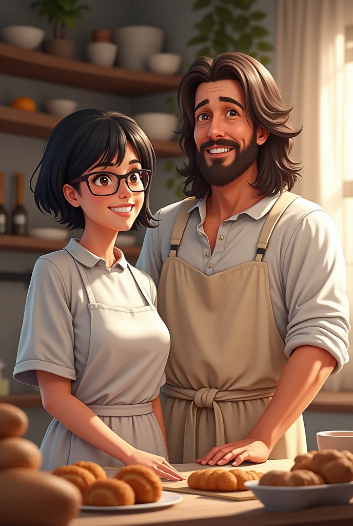 Create a realistic LADY with short hair, black fur, Brown eyes, with glasses that makes pastries and that Jesus is with him and that he is happy realistically