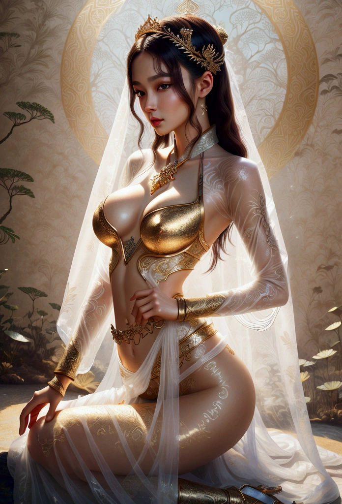 (Best quality, masterpiece, realistic photo, cinematic), sexy transparent white gold low cut lace glossy armor, white mixed race Egyptian woman, holding lotus in hand, close up big breasts, golden tattoo on chest, beautiful neckline hairstyle, purple necklace, jade belt, firm abs, beautiful fantasy empress, ((beautiful fantastic glamour)), full body cyanxia, ​​portrait of zodiac girl knight, by Yang J, g liulian art style, soft studio lighting, fantasy art style, foreshortening,