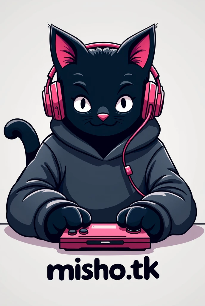 Can you create me a logo of a black cat in a sweatshirt? "GEIMER"  that he has headphones AND IS PLAYING and below that he has the words "MISHO TK"