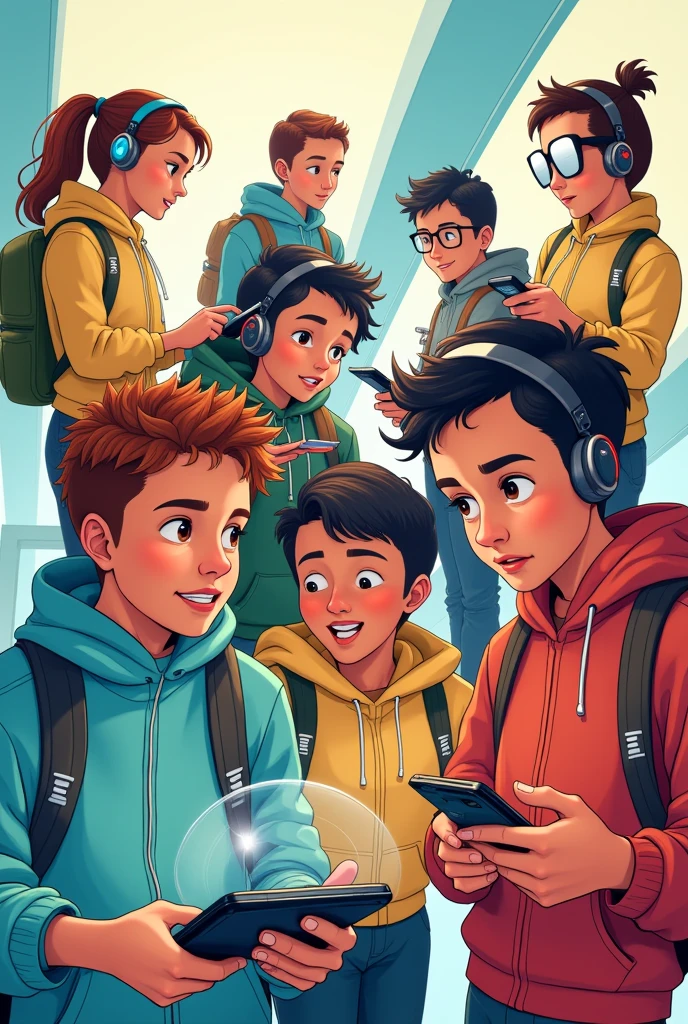 a young cartoon people using gadgets in portrait