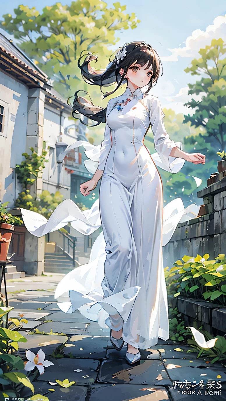 Full body illustration, white Ao dai (Vietnam long dress), Village, Black hair, hair flying in wind, warm tone, brown eyes, winner pixiv contest, 