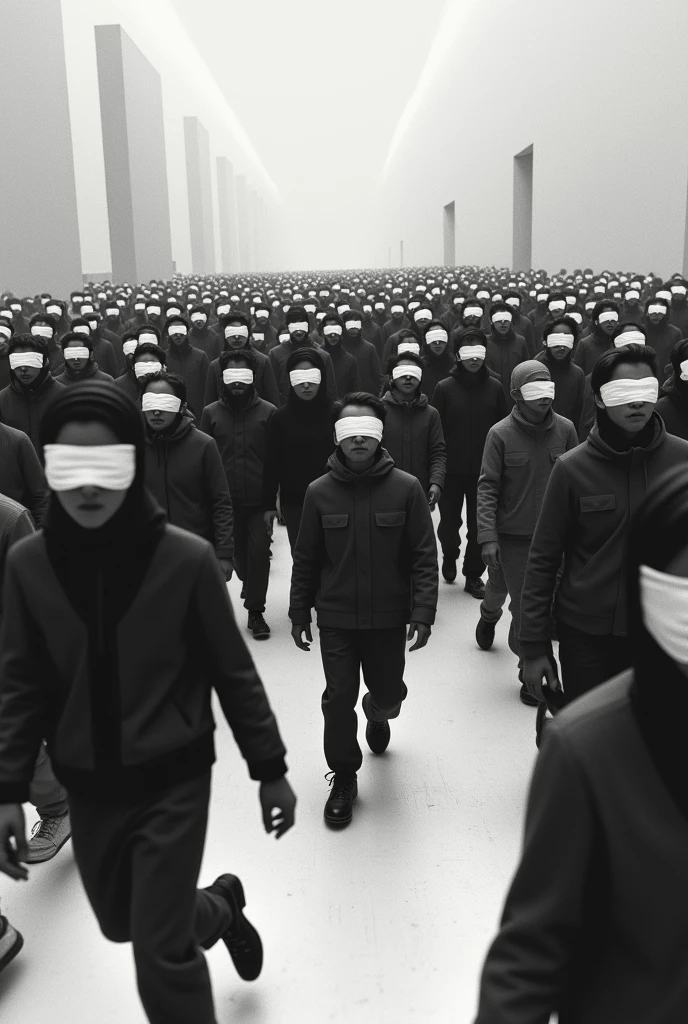 A black and white image of a blindfolded crowd, walking in different directions and colliding with objects