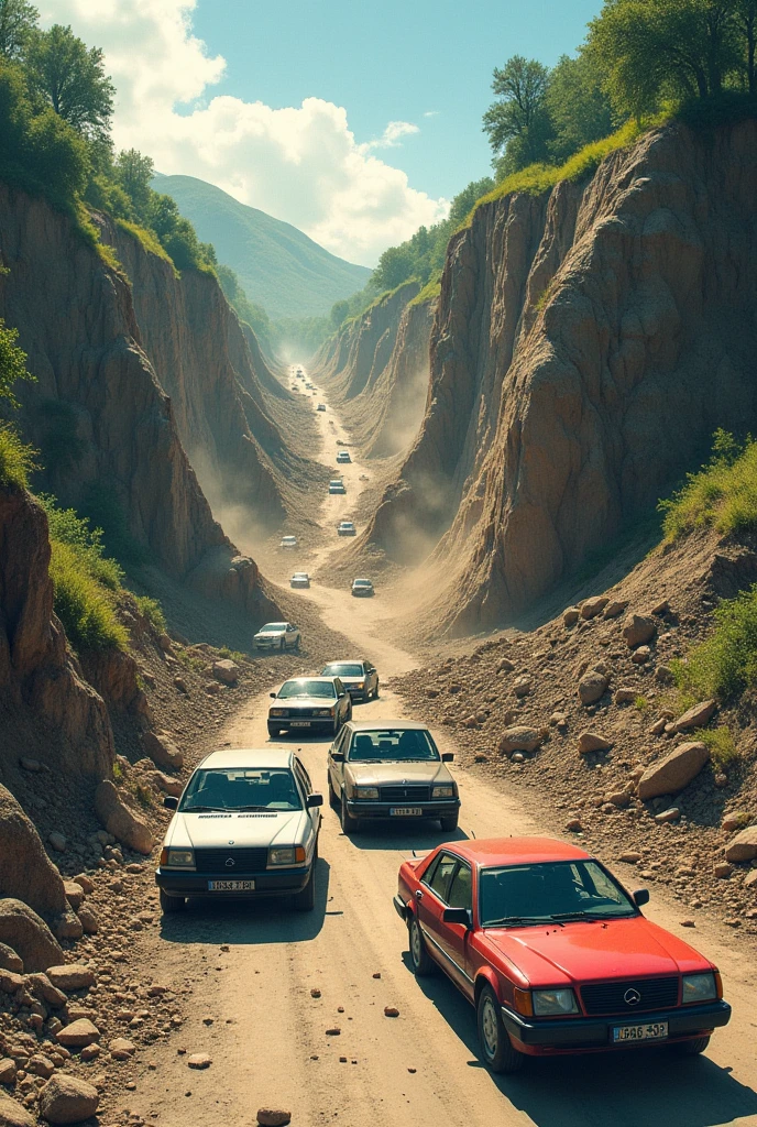 landslide, lalu lintas terhalang dengan landslide, stuck vehicles cannot pass the road