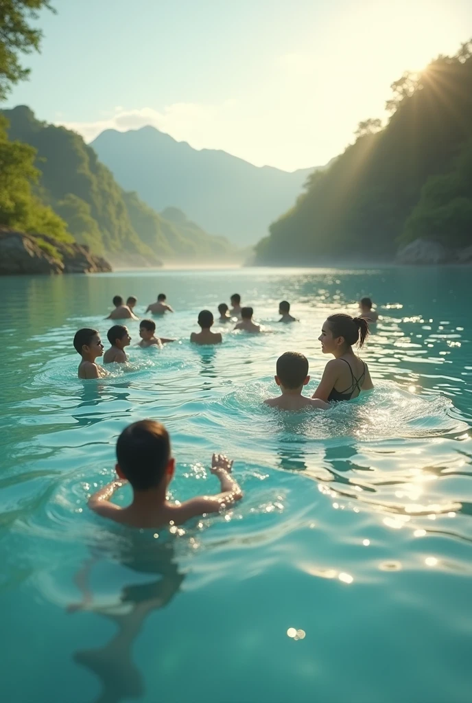 A group of people swimming on the water