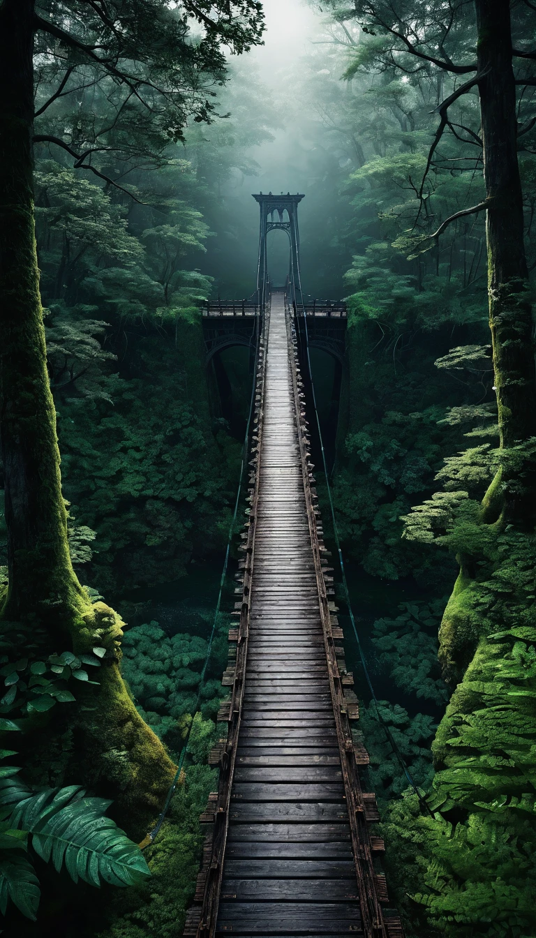 A giant bridge in a dark forest 