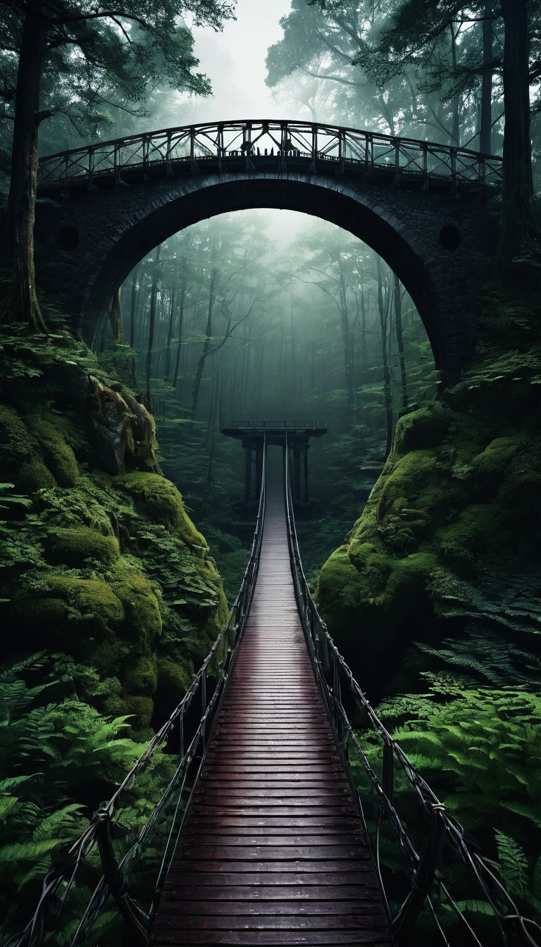 A giant bridge in a dark forest