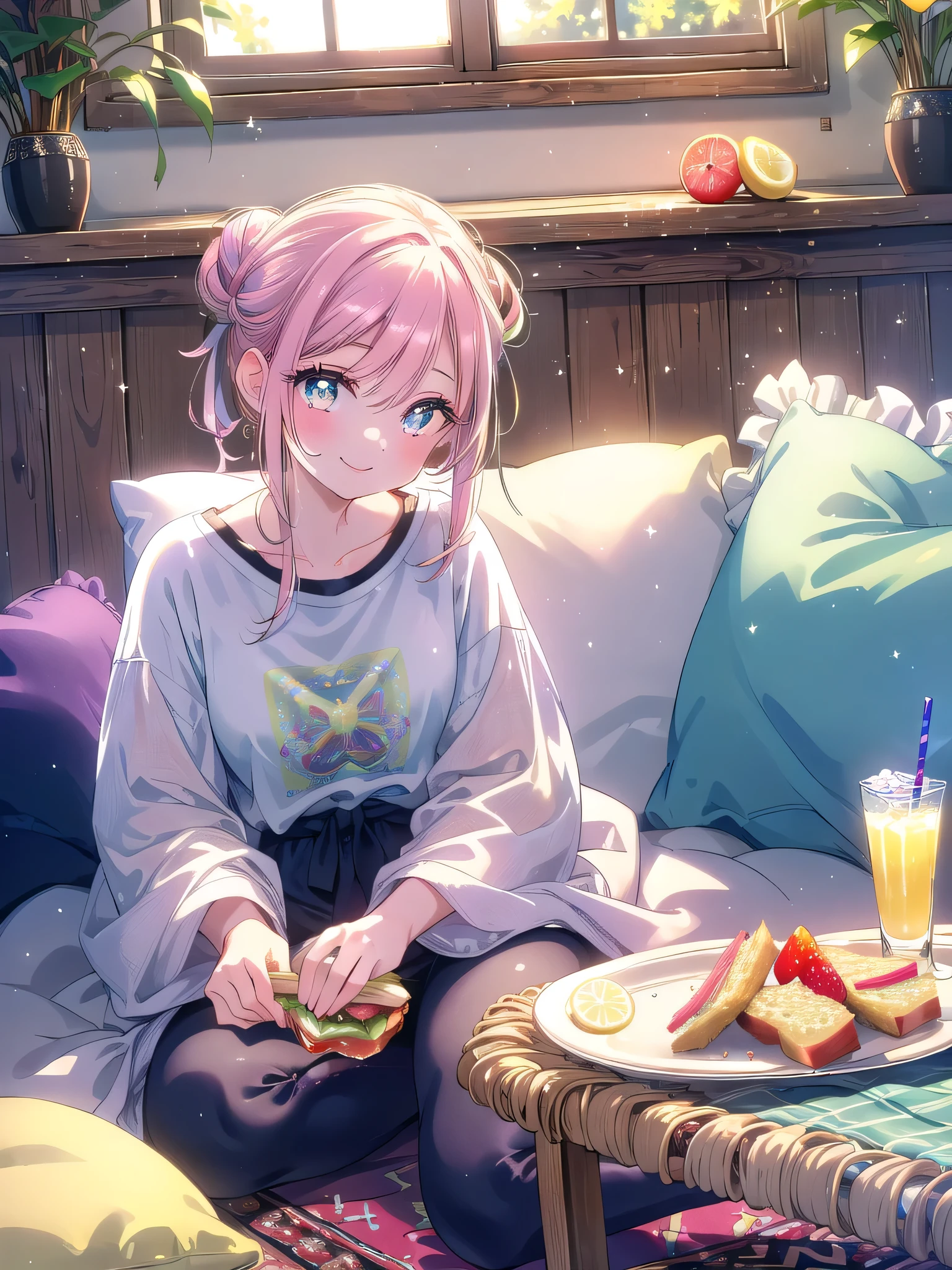 ((8k, Highest quality, masterpiece: 1.3)),Ultra-high resolution,(1 girl, alone), (Color changing eyes, Ultra-detailed, Expressive brilliance, Glitter, Glowing Eyes), Highly detailed eyes, Highly detailed face, Random Hair, ((pastel colour)Living Room Picnic
The woman is sitting on a large, soft rug in her living room, having a casual indoor picnic for lunch. She’s wearing a comfortable, oversized t-shirt and leggings, her hair pulled back into a casual bun. The living room is cozy, with a large window letting in plenty of natural light and a few scattered cushions around her. In front of her on the rug, there’s a small wooden tray with a plate of fruit, a sandwich, and a glass of lemonade. She’s leaning forward slightly, about to take a bite of her sandwich, but she pauses to give the camera a playful, joyful smile. The scene is intimate and relaxed, capturing the warmth and comfort of a quiet afternoon at home.