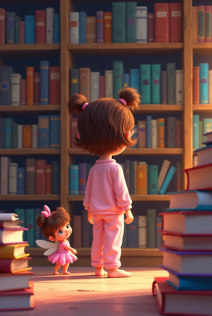 Create an image of a young girl standing in front of a large bookshelf with a little fairy next to her in a pink dress. The girl is surprised, looking at those books on the shelf. A has short, wavy brown hair, tied into two small ponytails, and wears a pink headband. She is dressed in little pink pajamas and is barefoot..

Ao redor dela, there are several stacks of books, suggesting that she is very fond of reading. The environment around you is vibrant and full of soft colors.. no pissing style.