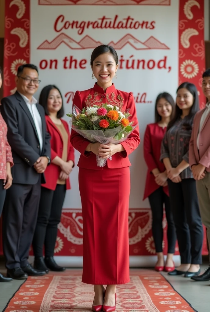 4D Cartoon Beautiful Indonesian Woman Age 30 Years, wearing traditional Indonesian clothes, red kebaya, under white Indonesian batik cloth with a red mountain wayang motif up to the ankles, wearing glasses, high heel shoes, bun, hold a bouquet of flowers in plastic packaging, happy smile, there is a banner with the writing, "Congratulations on the Promotion, Dr. Diah Dio", UHD, 16k, clear, flanked by 6 other people.. soft lighting, soft colors, results like photos from professional photographers.