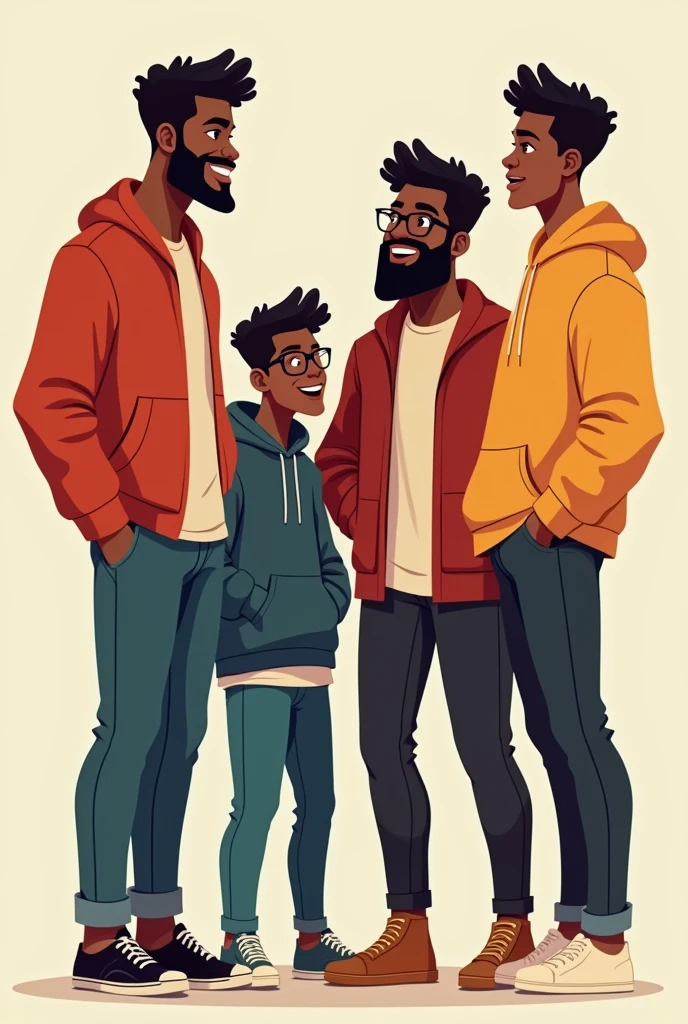 Je veux une photo de quatre garçons jeunes adultes blacks très beaux avec des visages matures et sans boucle d'oreille
L'un grand de taille
Un autre plus costaud que lui et légèrement plus court que lui, le teint plus foncé avec de la barbe et moustache plus que les autres parce que les autres n'en ont pas du tout
Un autre qui porte des lunettes et plus court que les deux autres mais plus grand que le dernier
Et le dernier qui est plus court que tt le monde et plus costaud que tt le monde
Et que les tailles soient bien visibles et bien respectées
Et c'est pas le plus court qui porte lunettes, c'est le 3e là
Et je veux ça sous forme de dessin animé