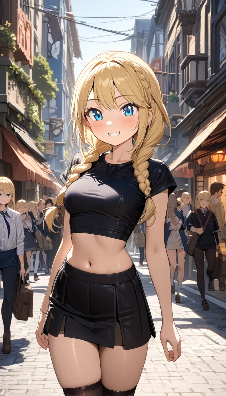(masterpiece, top quality: 1.2), anime style, Super detail, Great lighting, (1 girl: 1.3), (High resolution:1.2),(masterpiece、premium:1.2),very detailed eyes,, perfect face, very beautiful female body, beautiful thighs, medium chest, good lighting, cowboy shot, Alone, 1 girl, (((happy face))), standing, Dynamic pose, walking around town, Look at the spectators, long blonde hair, braids, astrid hofferson (How to Train Your Dragon)、blue eyes, short skirt, high thigh socks, cropped blouse, shows the navel, smiling happy, busy street in the background, schoolgirls in the background, schoolgirls walking in background