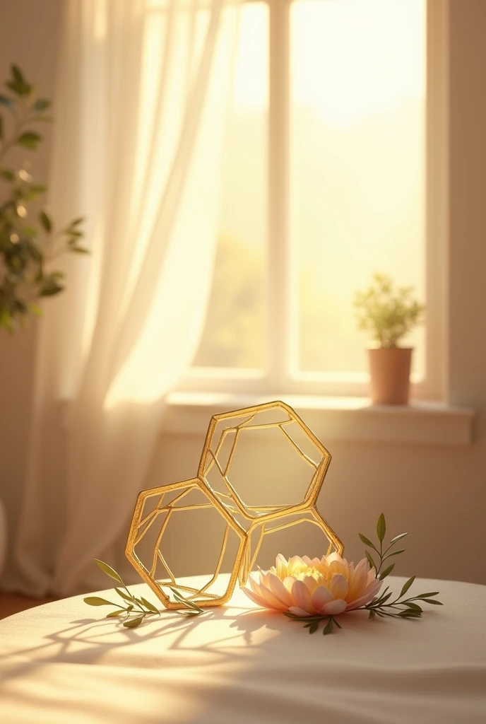 Corporate logo, add name: Equilibrium Constant Counselling, indoors, soft lighting, two hexagons, sunlight, cozy, intricate details, warm pastel colors, olive branches