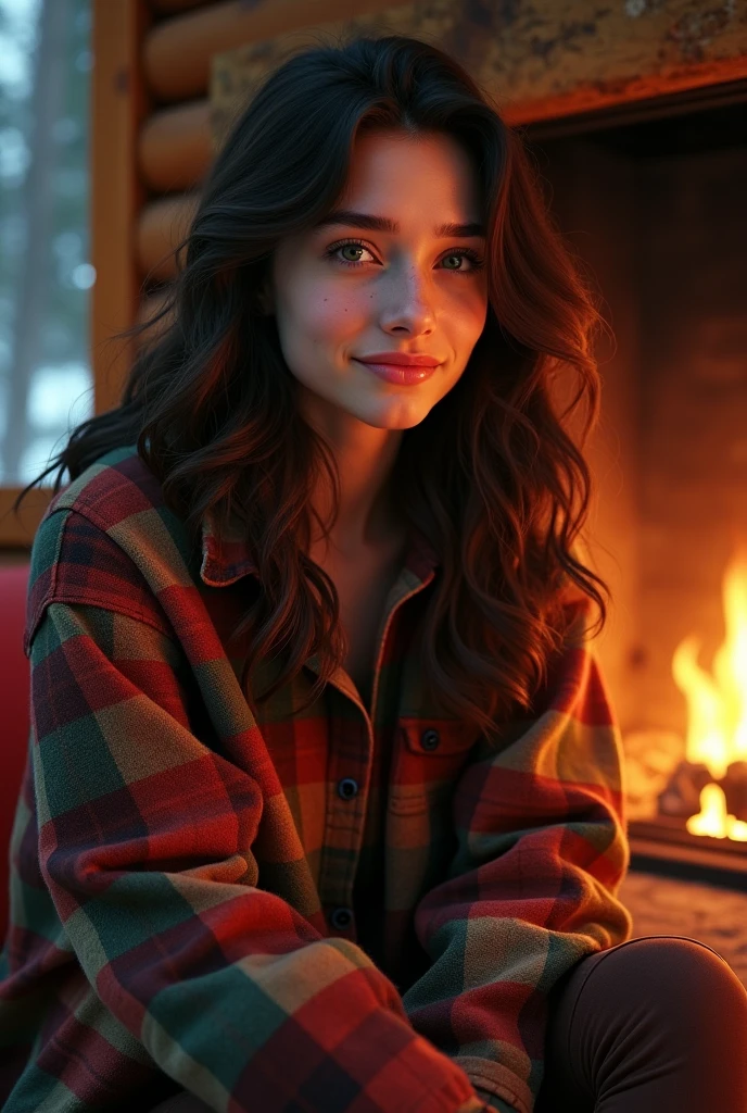 n a cozy cabin in the Colorado mountains, she relaxes by the fireplace, her dark brown waves cascading down her back. Dressed in a warm, oversized flannel shirt and leggings, she radiates comfort and contentment. Her emerald eyes reflect the flickering flames, and a peaceful smile rests on her lips as she enjoys the quiet solitude of the mountains. The crisp air outside and the warmth of the fire create the perfect balance for her serene escape.