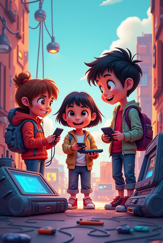 a young cartoon people using different kinds of gadgets in portrait