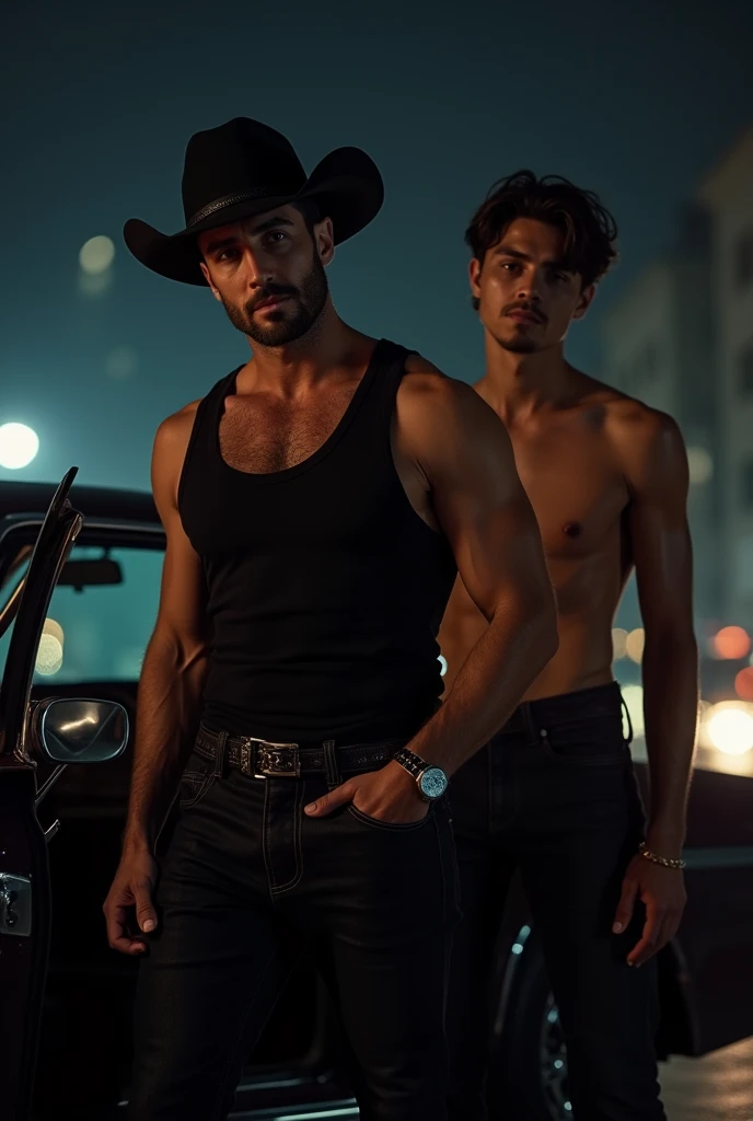 A handsome, beautiful, attractive 30 year old man wearing a hat and a black cowboy outfit getting out of a car with a handsome, cute, shirtless young man carrying the young man on a night out
