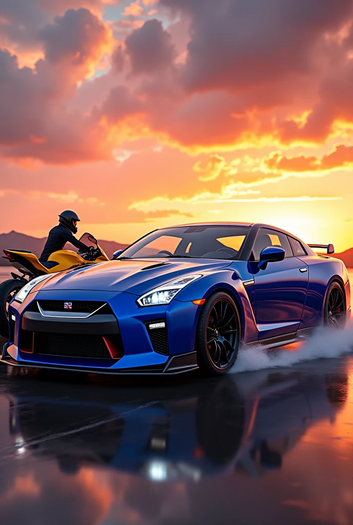 blue gtr and a yellow hornet motorcycle with a sunset behind