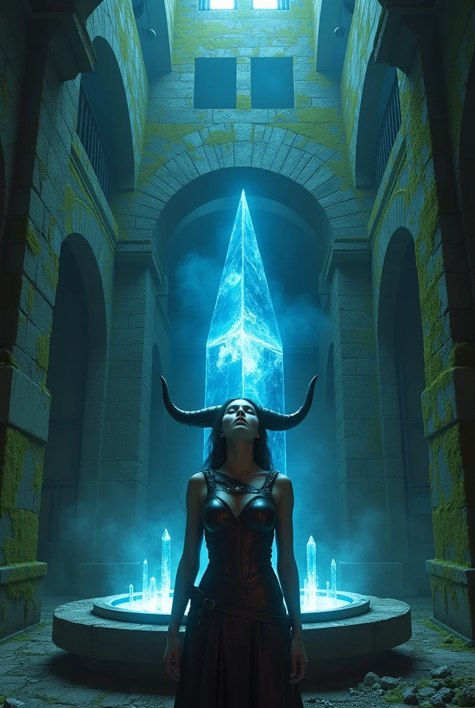 rpg theme, a large prison with dark stone walls covered in moss and slime, in the center a metallic structure in the shape of a circle that in the middle of the sides emanates energy that goes to a crystal that is in the center where there is a red woman wearing leather armor with 1 whole horn and another half on her head her eyes are closed as if she were sleeping and her hands rest on her belly, the crystal exudes magic in a dark blue color