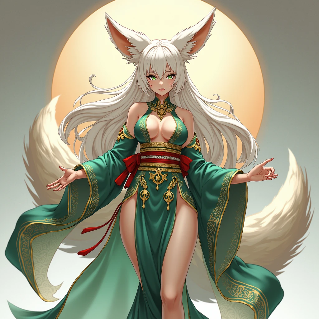 (masterpiece, best quality), best resolution, (4arms:1.2), fox girl, green eyes, white hair, very long legs, geisha kimono, gigantic breasts, muscular body, full body.