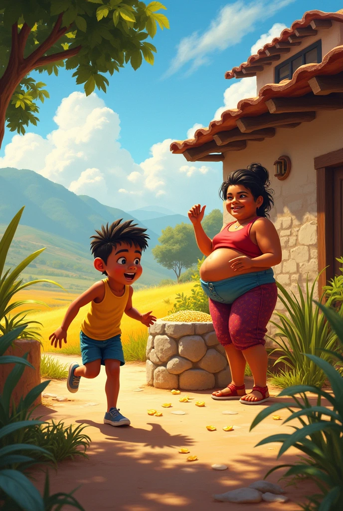 Recreate the following stanza in a realistic and contextualized way in the Latin American countryside:
What a cheerful and fresh morning!
The air grabs me by the nose:
the dogs bark, A boy screams and a fat and pretty girl,
next to a stone, grinds corn.