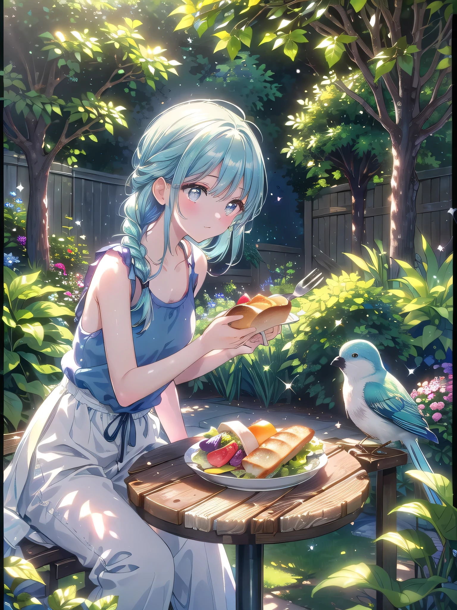 ((8k, Highest quality, masterpiece: 1.3)),Ultra-high resolution,(1 girl, alone), (Color changing eyes, Ultra-detailed, Expressive brilliance, Glitter, Glowing Eyes), Highly detailed eyes, Highly detailed face, Random Hair, ((pastel colour)Outdoor Garden Lunch
The woman is sitting at a small table in her backyard garden, enjoying a peaceful lunch. She’s dressed in a casual tank top and light, loose-fitting pants, her hair styled in a messy braid. The garden is lush with greenery, and the table is set with a simple meal of a salad and a piece of fresh bread. The sun shines softly through the trees, casting dappled shadows across the table. She’s holding a fork in one hand and a glass of water in the other, looking at the camera with a gentle, content expression. The garden is filled with the sounds of nature, and a small bird feeder hangs nearby, adding to the serene atmosphere of this outdoor lunch.