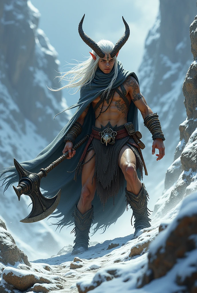 Dark elf young man full body, long white hair, tattoos on face, Druid, small one-handed sickle and animal skull on the head, Attack position, Wolf skin, Mountain and snow environment