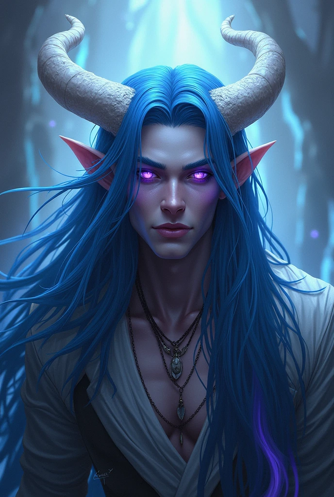 Man with long blue hair and white horns. purple eyes.
