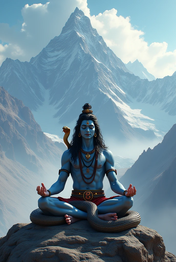 (photorealism:1.2), god shivji with his snakeon Mount kailasha in meditation with his traditional  wearing cobra in  neck
with its head up 