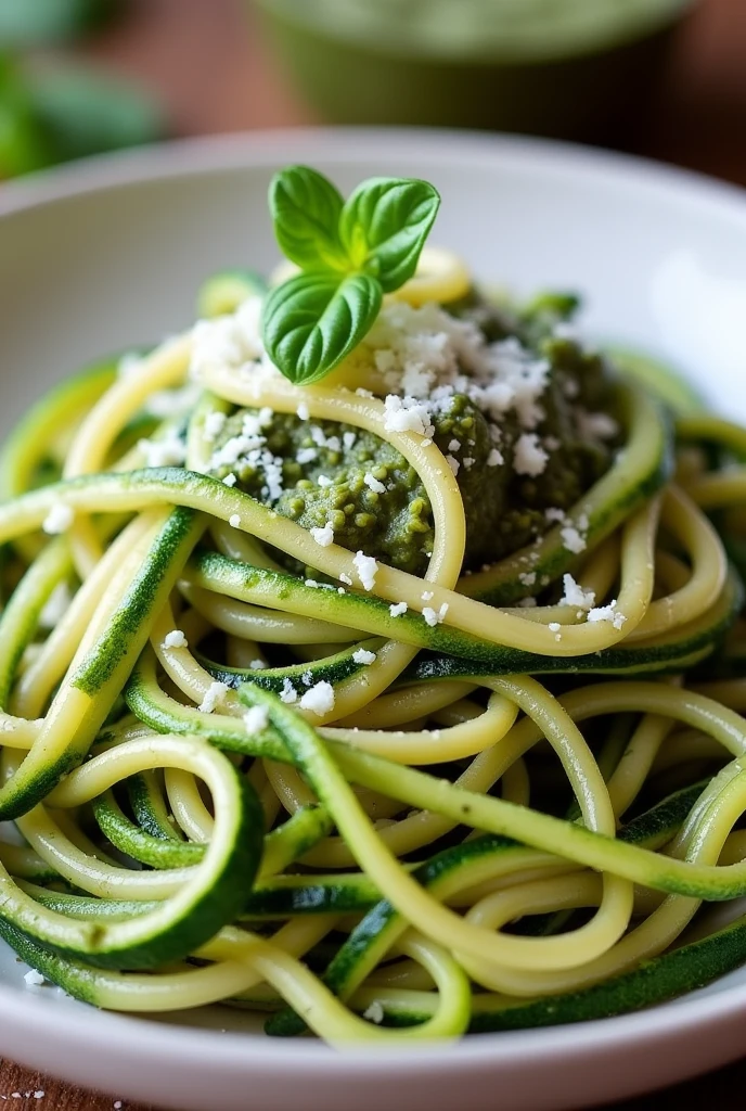 Create an image of this recipe: Zucchini Pasta with Pesto Sauce Ingredients:

- Zucchini: 2 units (ca.. 200 g)
- Fresh basil: 20 g - Pine nuts: 20 g - Grated Parmesan cheese: 30 g - Garlic: 10 g - Olive oil: 30 ml
- Sal: 5 g - Pepper: 2 g Preparation:

1. Wash and cut the zucchini into thin strips using a spiralizer to make "spaghetti" of zucchini.

2. In a food processor, mix basil, pinions, Parmesan cheese, SHE, shall, pimienta y aceite de oliva hasta obtener una shallsa de pesto suave.

3. Saltea las tiras of zucchini en una sartén con un poco de aceite de oliva durante 3-4 minutos, until they are tender.

4. Mix the pesto with the zucchini and cook over low heat for 2 minutes..

5. Serve hot, decorado con más Parmesan cheese si lo deseas.
