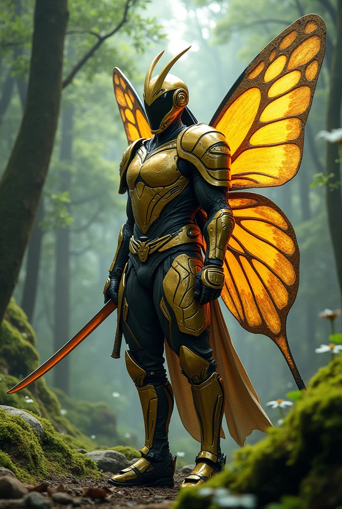 A samurai in a butterfly-like gold plug suit、Detailed skin、Actual item、in the forest、Samurai Armor、Ancient Technology、Shogun、Holding a Japanese sword