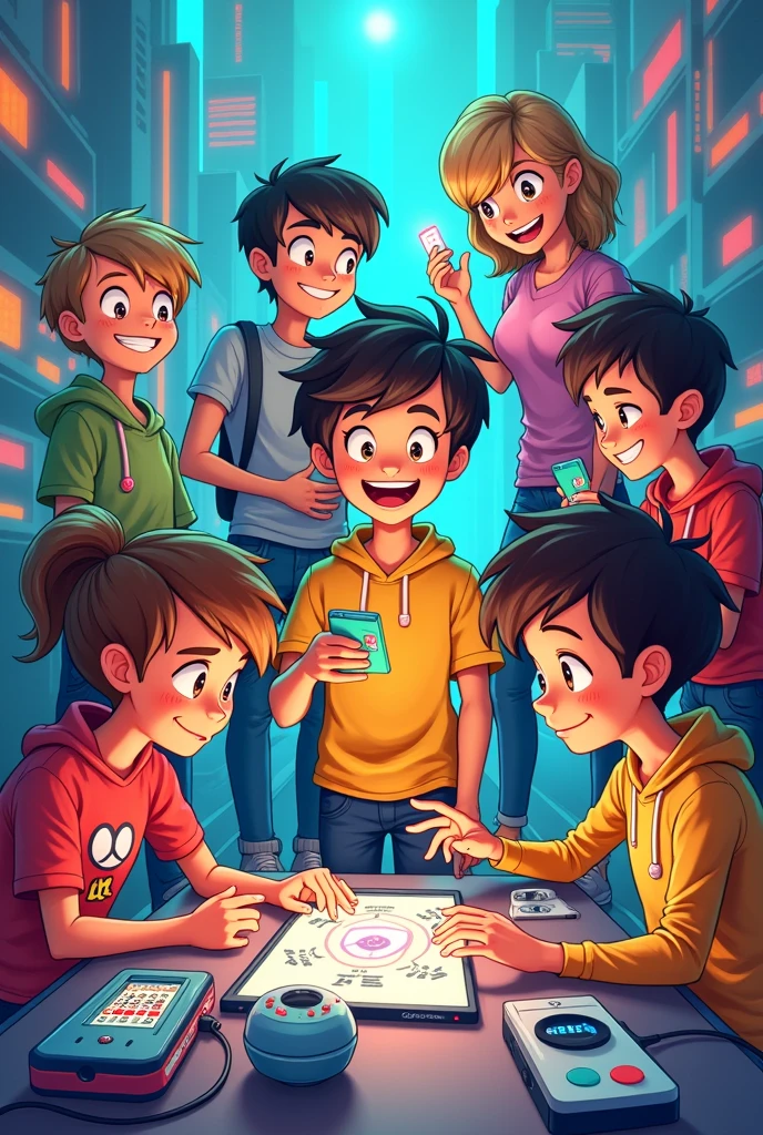 a young cartoon people using different kinds of gadgets in portrait