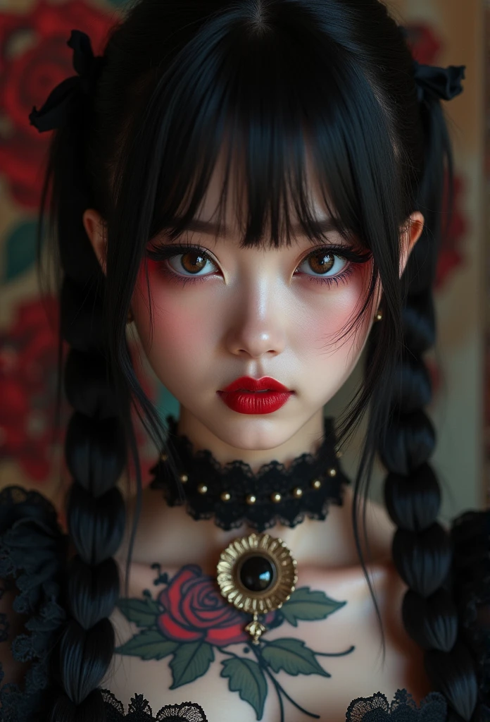 Masterpiece, Best quality, gif,1 girl, Solo, Natural skin texture, Realistic black eyes and facial details :5),(Dark :1. 4), Deep shadows, Extremely detailed beauty, Detailed eyes and face, sharp black eyes, Red lipstick, No black eyeliner, Detailed Gothic costumes, pony tails, Black hair, nikon d850 film, Surreal, Authentic textures, Dramatic, lighting, illusory engine, (facial clarity :1). 5), (Transparent clothes :1); 1) Gothic style, Black lace, tattoo. Japanese girl with more or less long black hair with bangs and red highlights, e sexy, Lady,Red hair,dress,beautiful,anime,tattoo, face portrait, close up, big beautiful detailed eyes, ulzzang, art nouveau, candy, sweets, tattoo background pattern, tapestry,