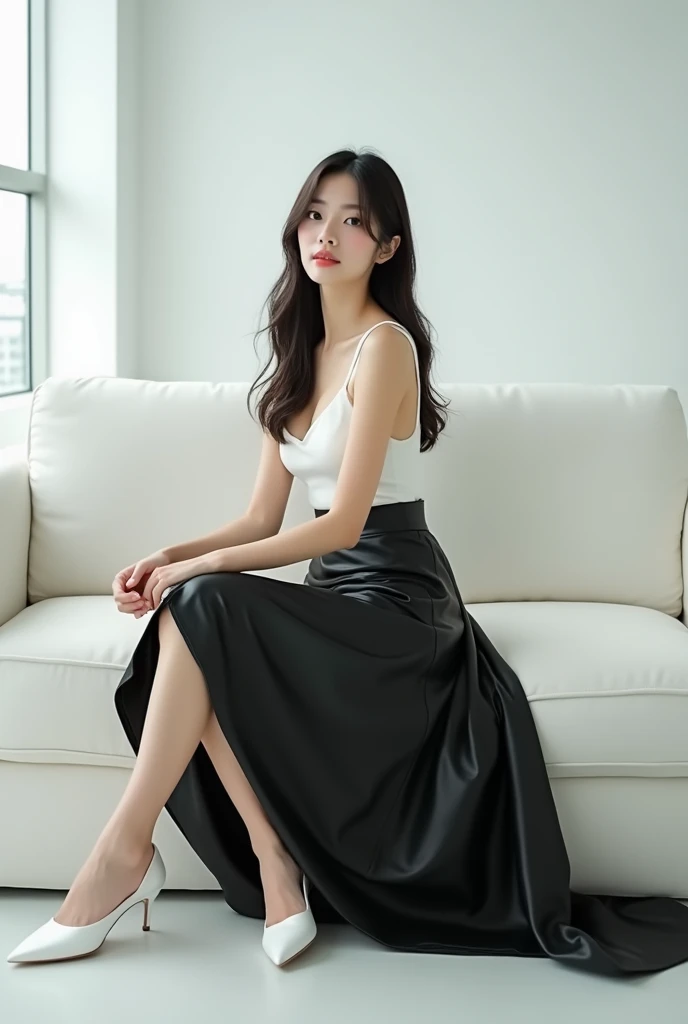 A beautiful lady, asian, Japanese,
Long hair,
Straight sitting on a white sofa in a conference room,
Wearing a white camisole,
Wearing a black leather long full skirt ankle length covered the legs,
Wearing white flat shoes,
whole body photo, full body image,
Front camera view,
High resolution, HD Photo,
photographs, photo, real style, 600dpi
