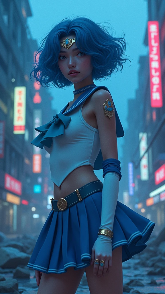 Sailor Mercury with blue hair and , (dark ebony skin:1.4),(background city destroyed apocalypse Tokyo night :1.4), Artgerm JSC, portrait knights of zodiac girl, extremely detailed Artgerm, Ross Tran 8 K, in the style of ross tran, Artgerm Julie Bell Beeple, by Ross Tran, ross tran style, alena aenami and artgerm, inspired by Ross Tran, high quality, (raw photo, best quality), (realistic, Photorealistic: 1.4), (extremely delicate and Beautiful: 1.4), Amazing, fine details, masterpiece, Ultra detailed, high resolution, best illustration, best shadow, intricate, ( extremely intricate: 1.2), (exquisitely detailed skin), cinematic light, Perfect anatomy, (cool color: 1.4), Sharp focus, 8K UHD, DSLR, (Fujifilm XT3),(dark ebony skin:1.4),( cinematic lighting :1.4), ,(Tokyo cyberpunk ruined dungeon ruins background :1.4 ),( pose americano :1.4), (Sailor Mercury :1.4), (a uniform with a blue skirt and light blue bows:1.4) .(85mm f/1.4), (different face extensions :1.4), (beautiful woman beauty a goddess of nature :1.4), epic fantasy art style hd, 4K fantasy art, epic fantasy digital art style, epic fantasy art style, Fantasy Woman, epic fantasy art portrait, Epic fantasy style, hyperrealistic fantasy art, hd fantasy art, epic fantasy character art, epic fantasy art, in style of dark fantasy art, epic fantasy digital art, (Sailor moon Mercury:1.4), (Sailor Mercury V2.1), (half body pose:1.4 ), - floating particles, magic water:1.4),( floating water:1.4) ,(surrounded by swirling water:1.4)