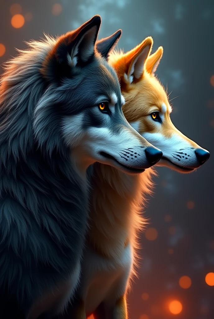 a Thomas Anders as anthropomorphic wolf with black long hair in 80's style,Dieter Bohlen as anthropomorphic wolf with blonde long hair in Modern Talking band style,detailed portrait,hyperrealistic,epic lighting,cinematic composition,dramatic shadows,intricate details,vibrant colors,highly detailed fur,sharp focus,hyper realistic,photorealistic,award winning,digital painting,masterpiece