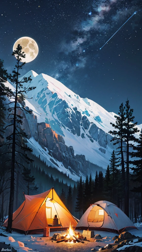 A mountainous place with forests on a night with a full moon and stars and a camping tent with a campfire outside.