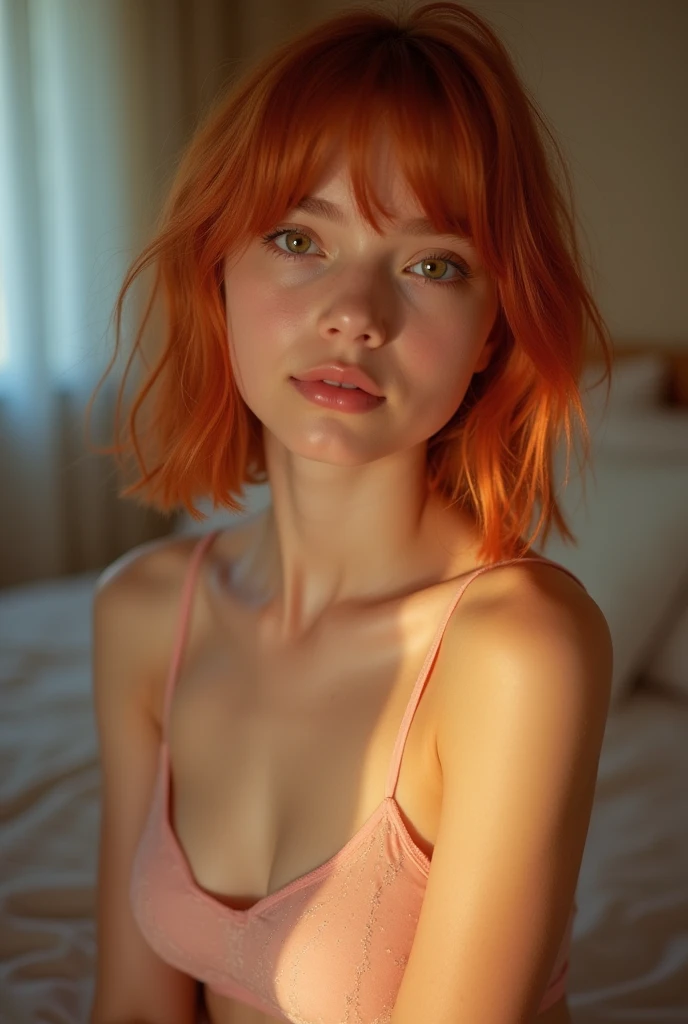 Extremely beautiful  girl ,highly clear face,in a bedroom,very cute,phenomenal aesthetic,Amazing photos,Cinematic Lighting,Clear perfect eyes, ginger chin length bob hairstyle,bokeh,Sexy self-confidence,proud and independent,NSFW,flowing light and colorful colors, wearing transparent lingerie, facing camera, full-body shot, silk transparent lingerie 