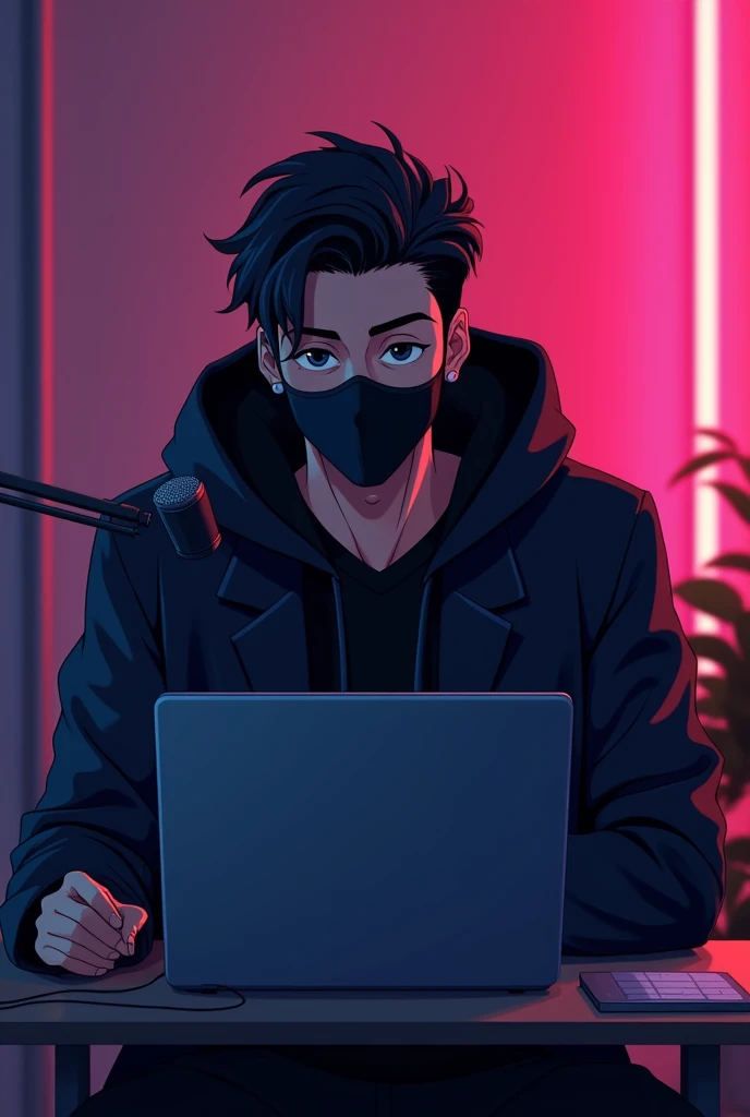 PROMPT :-  Create an anime-friendly looking male business character who appears handsome and smart. He has a good face and is wearing a black face mask and a black hoodie. The character is sitting behind his laptop in his office, with his arms on the desk. It is night, and the room features volumetric neon lighting. The character is front-facing to the camera, looking straight and centered. This is a central portrait with an audio microphone on the desk near his mouth. The character's face should occupy about 1/3 of the image size. He is sitting straight, front view, and centered, looking straight ahead. The overall ambiance of the image should convey a connection to minimalism, with flat illustration, bold lines, simplification, and a gouache illustration style. The image should be in 8K resolution.