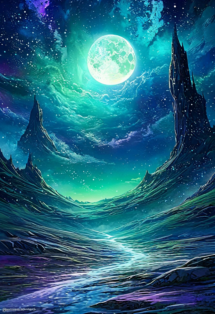 The moon is surrounded by many, Many bright stars. The starry sky is shining and the light trails are even brighter. surreal scene. Beautiful impressive composition. Subtle shadows and lights. DARK BLUE, light blues and greens, and purple tones. More layers of color. Transformation Mystery Vibrant Tones Highly Detailed Action Painting HD Cinematic Close-up Magic Fantasy Stunning Digital Art