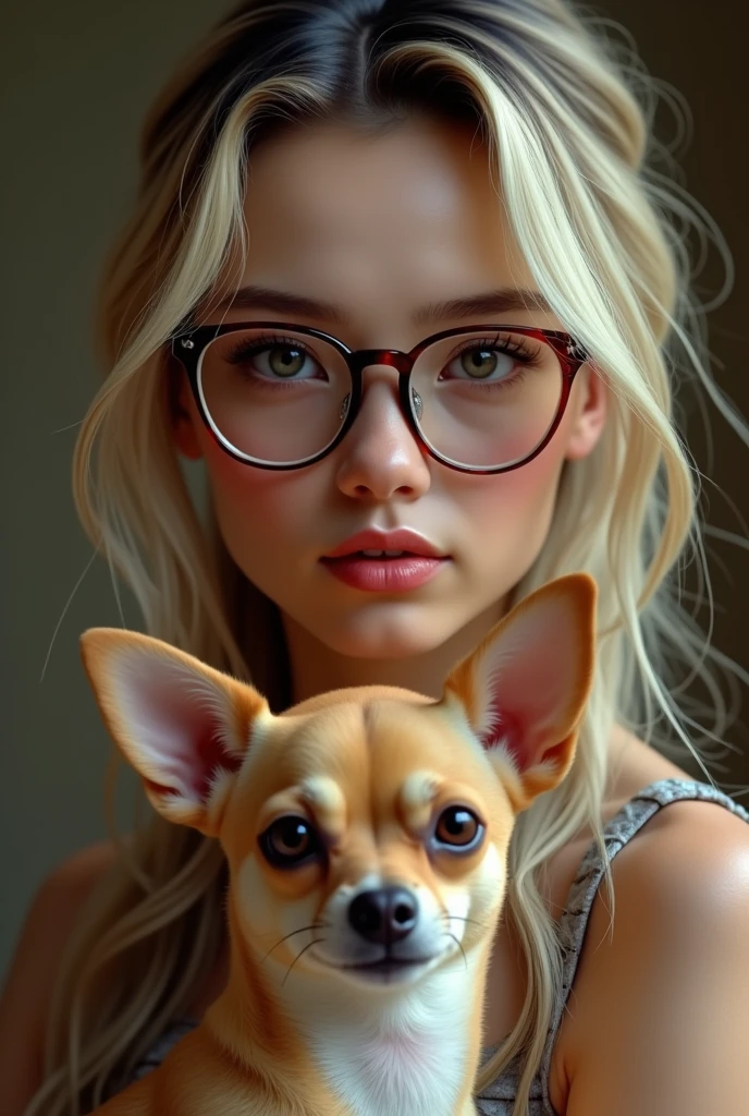 Create my photo I am a brunette girl with smaller eyes, a bigger nose, a small mouth, long blonde hair dyed with black roots with a small Chihuahua dog with a light brown Pincher.with old money style and I wear glasses. I&#39;m actually blonde.

