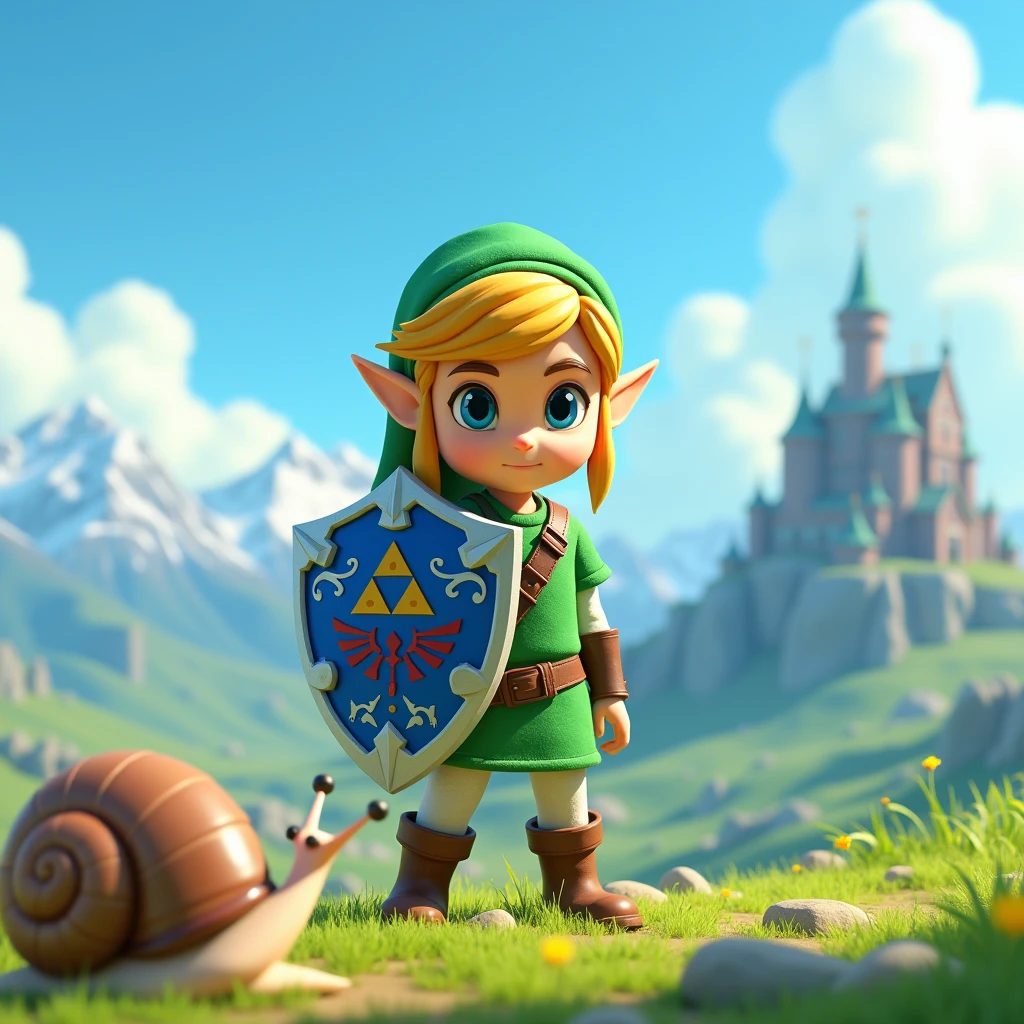 high quality,4K,HD,3d,3d rendering,pixar,Wearing a green hat and green clothes,手持蓝色盾牌的金发男孩背着Snail壳,In the Zelda game,A vast world,Blue sky,Snow Mountain,Earth,castle,Snail,