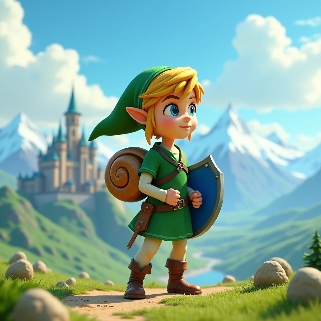 high quality，4K，HD，3d，3d rendering，pixar，Wearing a green hat and green clothes，手持蓝色盾牌的金发男孩背着Snail壳，In the Zelda game，A vast world，Blue sky，Snow Mountain，Earth，castle，Snail，