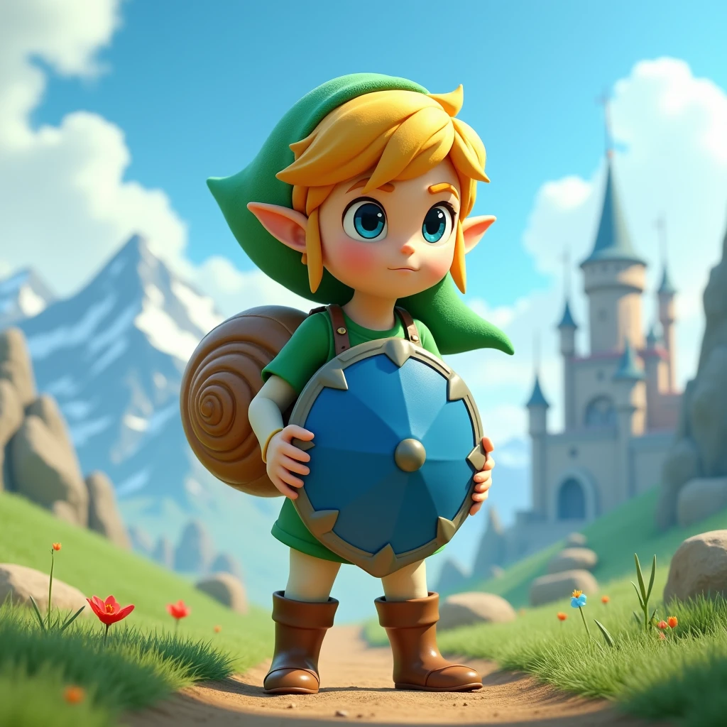 high quality，4K，HD，3d，3d rendering，pixar，Wearing a green hat and green clothes，手持蓝色盾牌的金发男孩背着Snail壳，In the Zelda game，A vast world，Blue sky，Snow Mountain，Earth，castle，Snail，