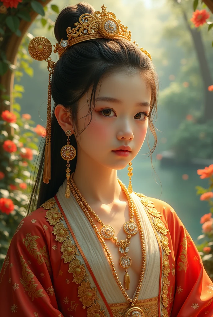 (photorealism:1.2), beautiful chinese boy like a king , with Gold and diamond, in a big Éden garden.