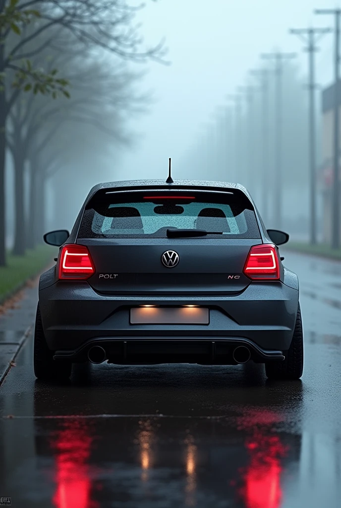 A modified polo GT  parked in the rain with fog showing its back 