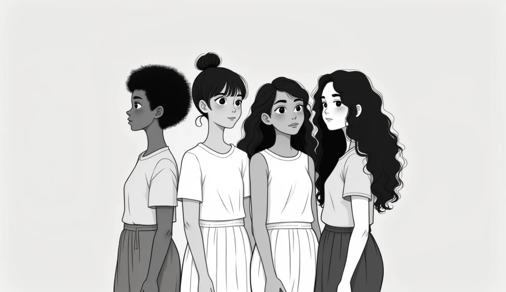 Generate a black-and-white illustration of four diverse individuals standing side by side, each with a neutral expression. The first person on the left has short curly hair, the second has long straight hair covering one side of the face, the third has short curly hair, and the fourth has long wavy hair. The background is a simple gray gradient