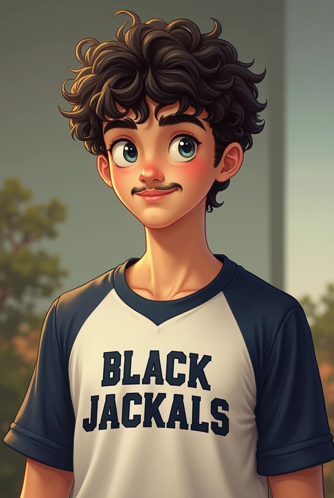 "Create an image of a young adult with short, curly hair and a small mole next to their mouth. They are 1 and have a thin mustache. They are wearing a volleyball shirt with the name 'Black Jackals' on it. The setting should be casual and the background should be simple, focusing on the person's features and the shirt design."
Midjourney:
